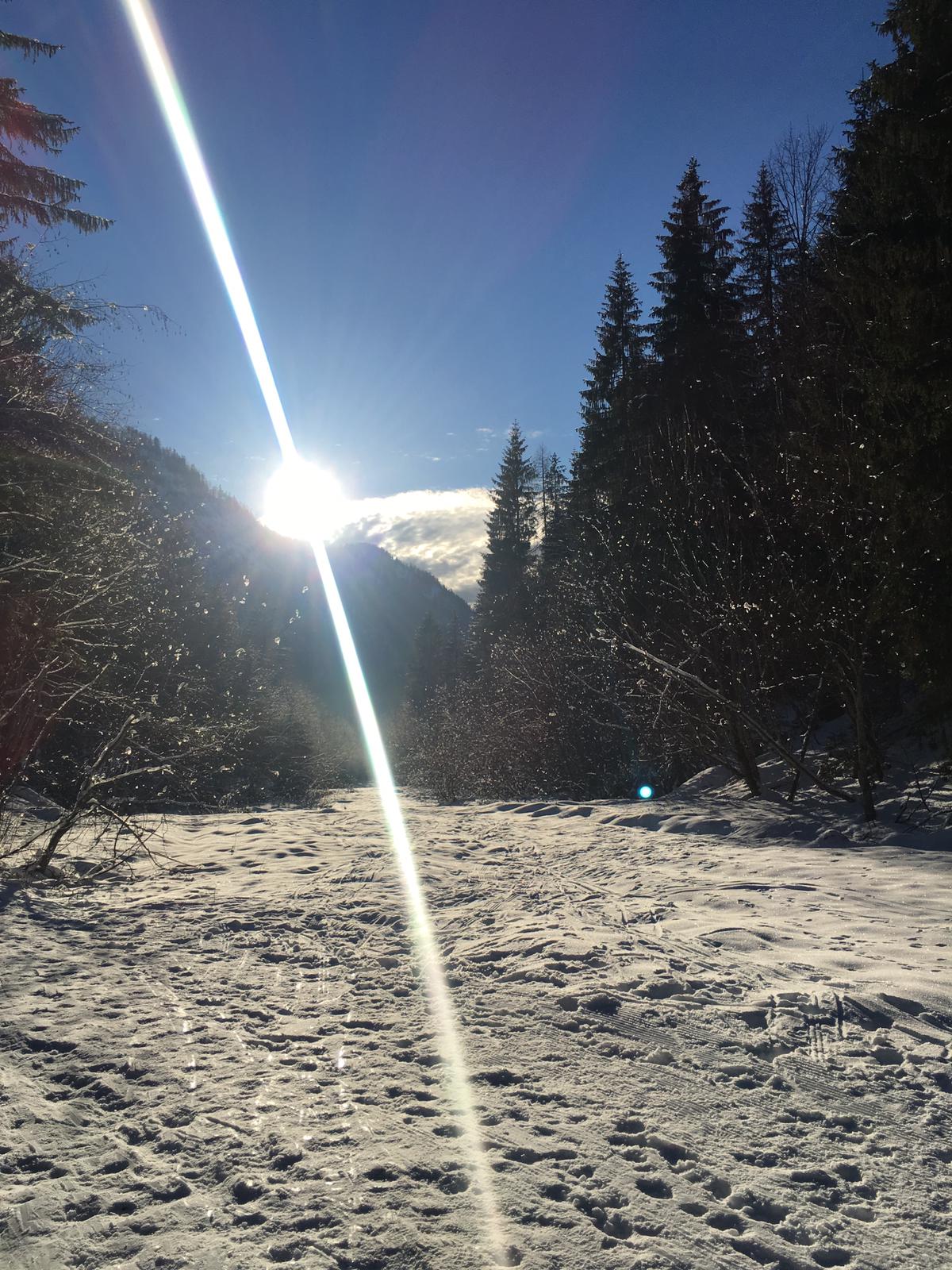 Yoga im Winter mit Schnee und Sonneneinstrahlung